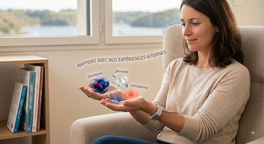 Illustration du rapport aux expériences internes (émotions, pensées, sensations) selon l'approche ACT de Steven C. Hayes.